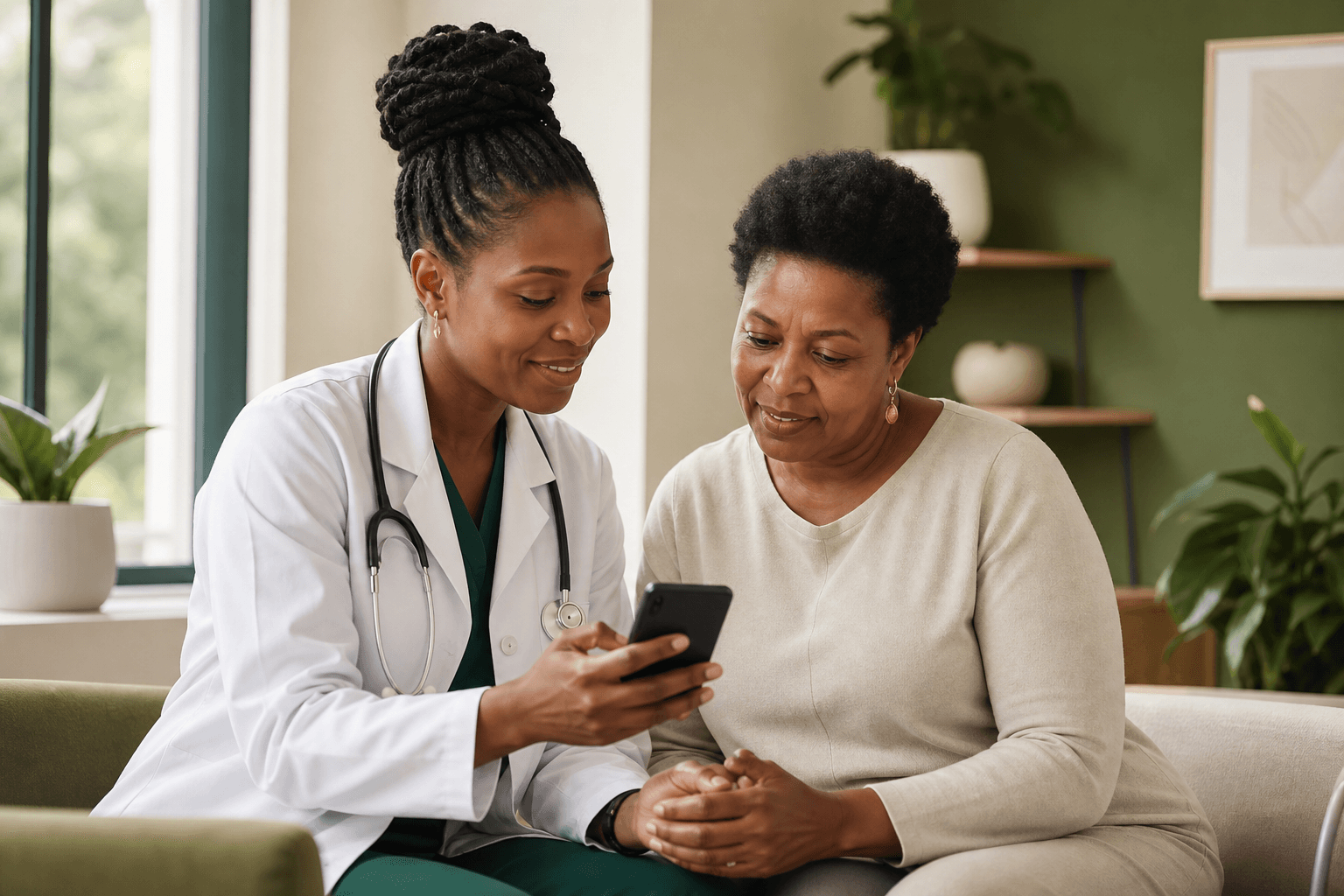 Doctor helping a patient use a healthcare mobile application