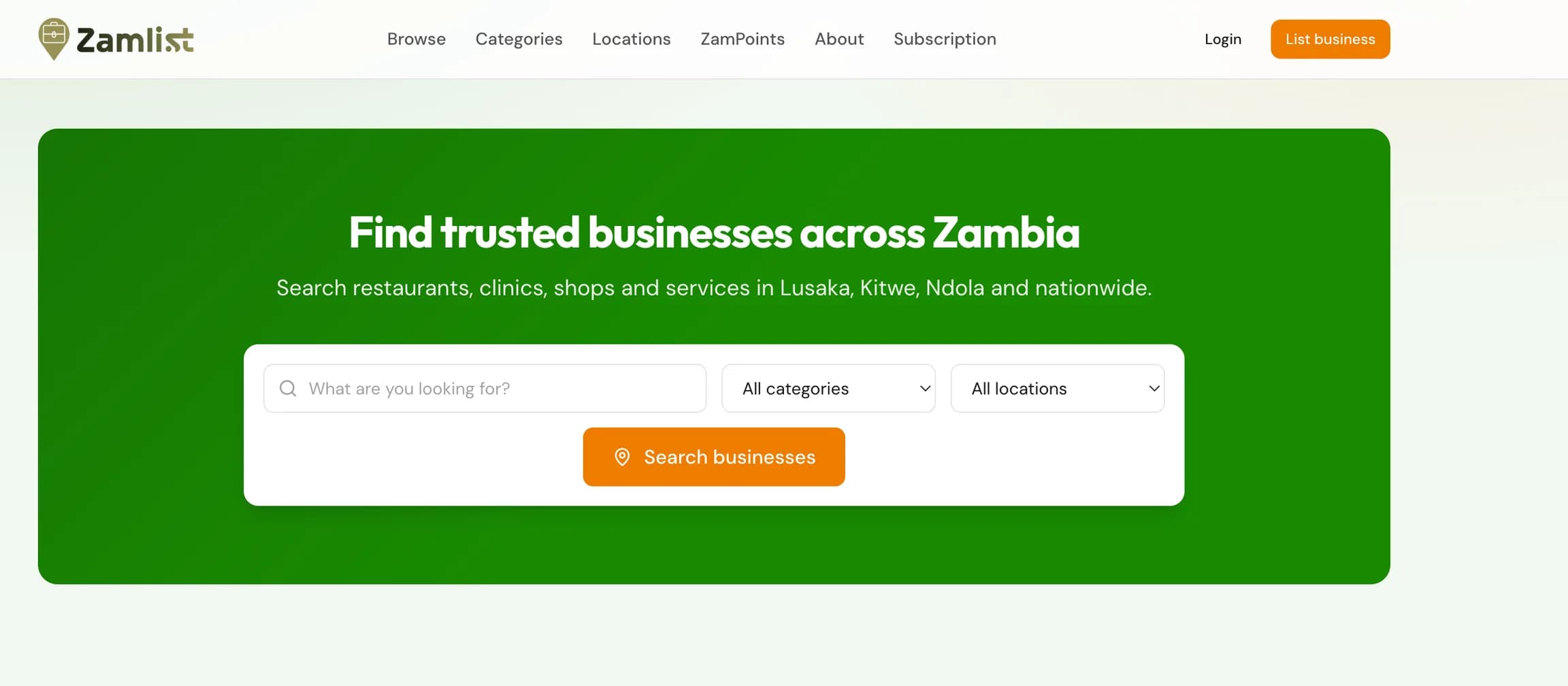 Zamlist homepage with search for trusted businesses across Zambia